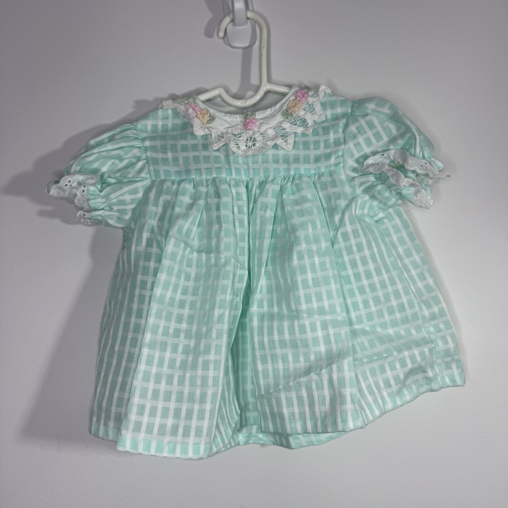 Little Bitty Baby Dress 3-6M Green Gingham Lace Collar Smocked